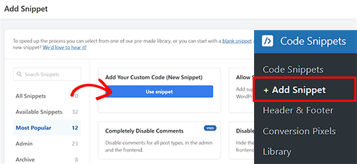 Agregar un nuevo fragmento de código personalizado en WPCode