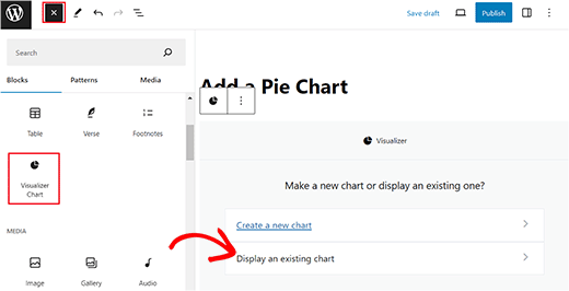 Click Display an existing chart button Click Display an existing chart button