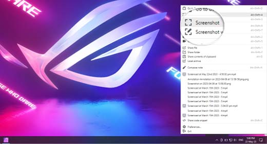 Selecciona la opción Captura de pantalla del menú desplegable