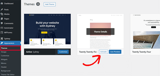 Activating a default WordPress theme Activating a default WordPress theme