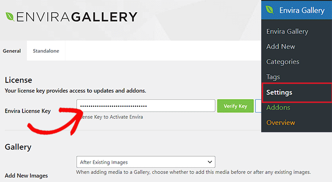 Add the Envira Gallery license key Add the Envira Gallery license key
