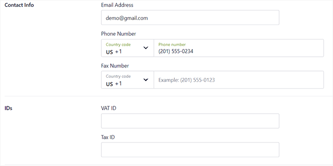 Add other contact info like phone number, email, tax ID, and VAT ID Add other contact info like phone number, email, tax ID, and VAT ID