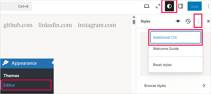 Additional CSS site editor Additional CSS site editor