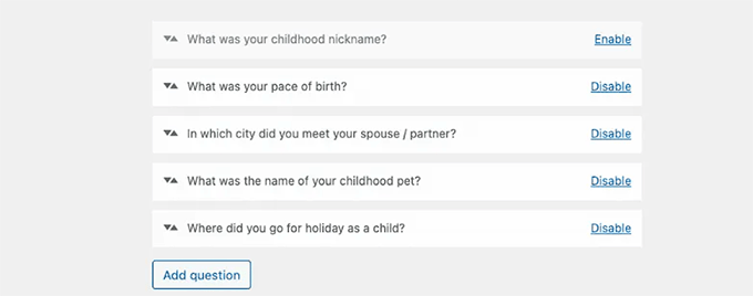 Elegir preguntas de seguridad