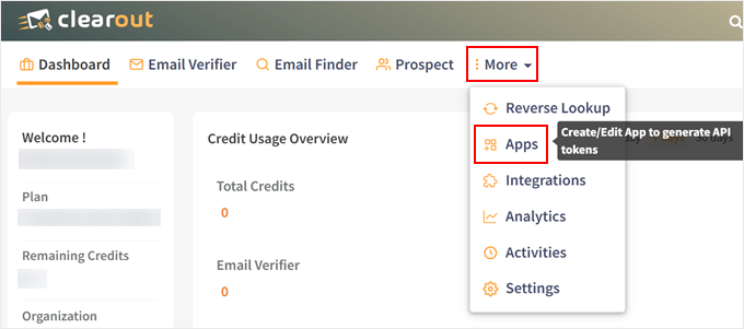 Opening the Apps dashboard in Clearout Opening the Apps dashboard in Clearout