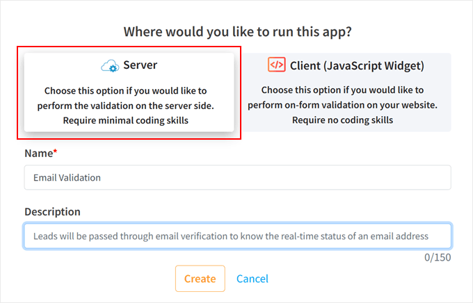 Choosing the Server option in the Create App popup in Clearout Choosing the Server option in the Create App popup in Clearout