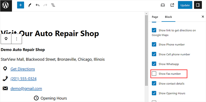 Hide business info by unchecking the options from the block panel Hide business info by unchecking the options from the block panel