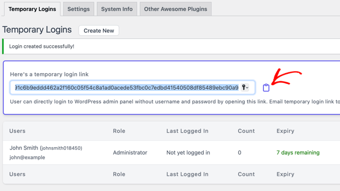 Haz clic para copiar la URL de inicio de sesión temporal.