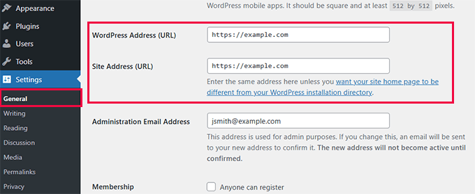 WordPress site address WordPress site address