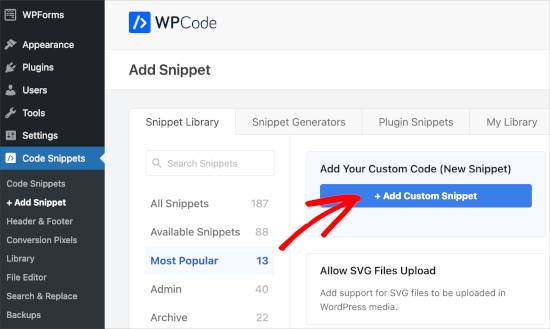 Hinzufügen eines benutzerdefinierten Snippets in WPCode