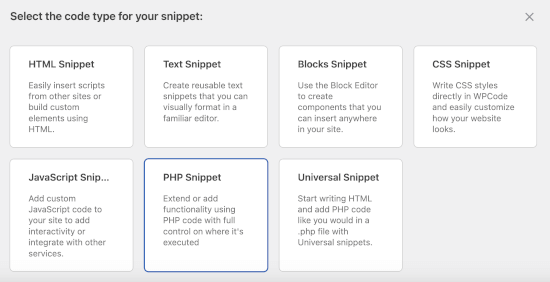 PHP als Code-Typ auswählen