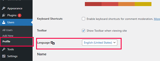 Change user language for WordPress admin area Change user language for WordPress admin area