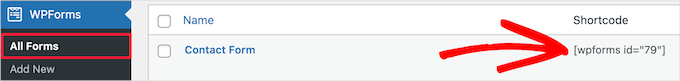 Copying the form shortcode Copying the form shortcode