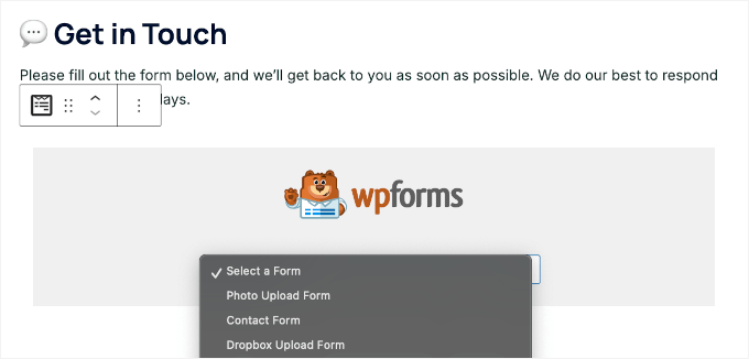 Choosing the Contact Form from the WPForms dropdown Choosing the Contact Form from the WPForms dropdown