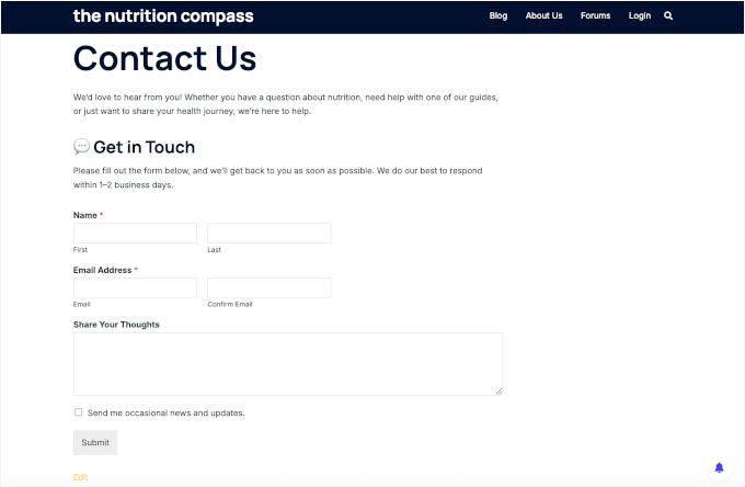 WPForms contact form on a live site WPForms contact form on a live site