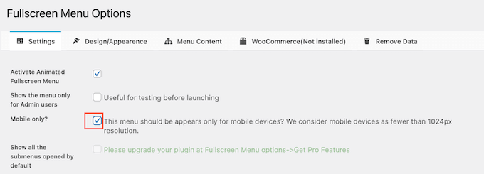 Mostrare un menu a schermo intero su un dispositivo mobile