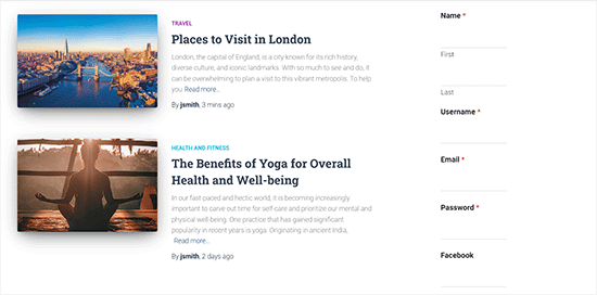 Preview of user registration form in the sidebar Preview of user registration form in the sidebar