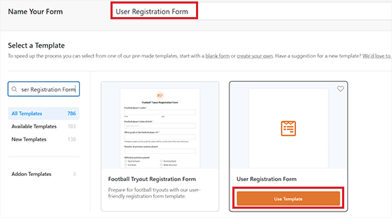 Select the user registration form template Select the user registration form template