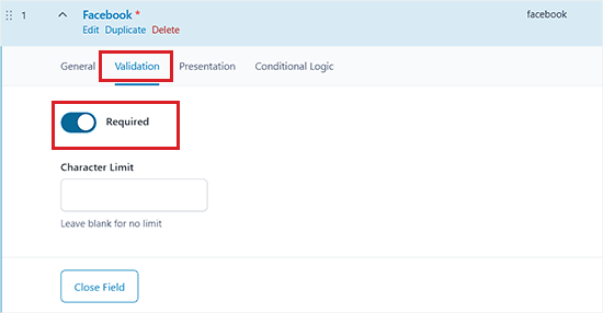 Toggle the required switch and add character limit Toggle the required switch and add character limit