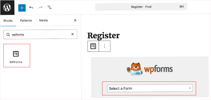 Adding the WPForms Block to a Post