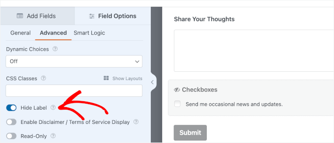 Hiding the checkbox label Hiding the checkbox label