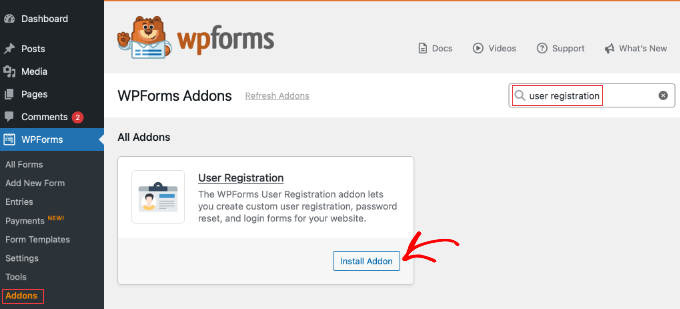 Installing the User Registration Addon in WPForms