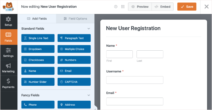 The New User Registration Form Created in WPForms