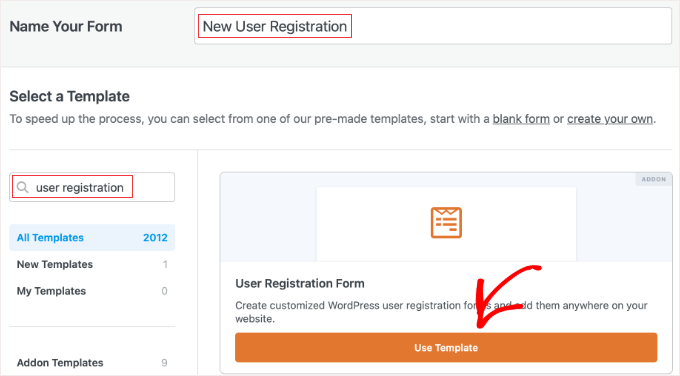 Creating a New Form in WPForms Using the User Registration Form Template