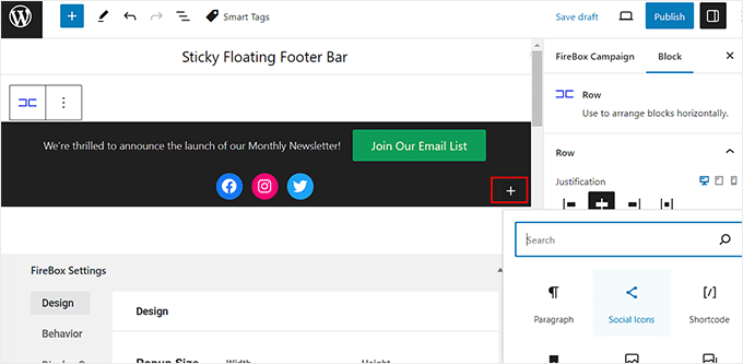Adicione blocos na barra de rodapé flutuante a partir do menu de blocos Adicione blocos na barra de rodapé flutuante a partir do menu de blocos