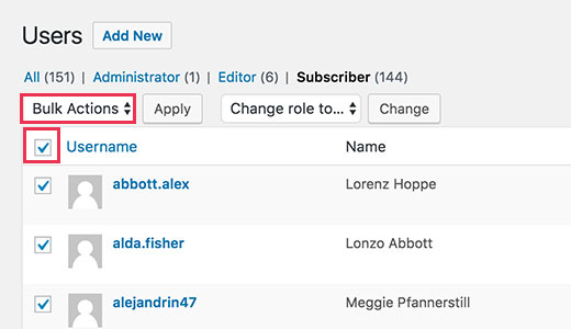 Välj massivt de användare du vill ta bort
