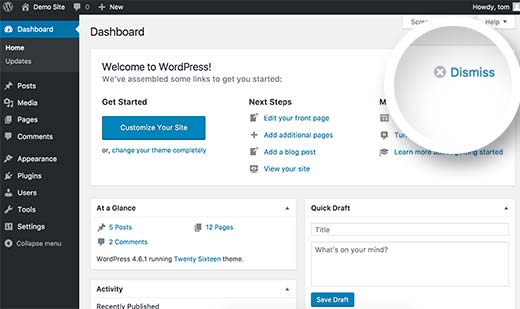 Dismiss welcome panel in WordPress dashboard Dismiss welcome panel in WordPress dashboard