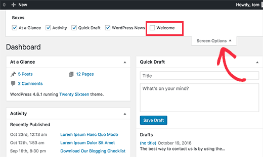Remove welcome panel using Screen Options in WordPress Remove welcome panel using Screen Options in WordPress