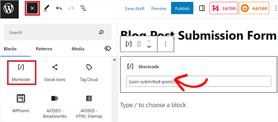 Cole o shortcode para adicionar o formulário Cole o shortcode para adicionar o formulário