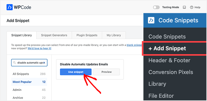 Search for the Disable Automatic Updates Emails snippet in WPCode Search for the Disable Automatic Updates Emails snippet in WPCode