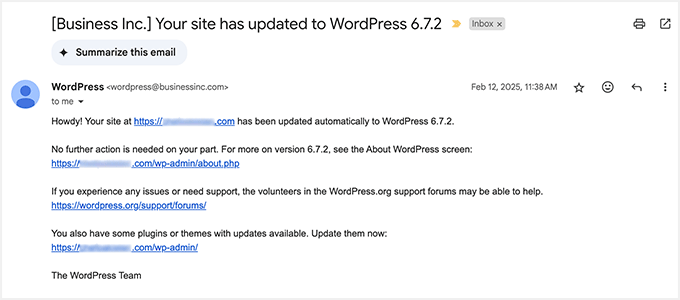 Email notification preview after an auto-update Email notification preview after an auto-update