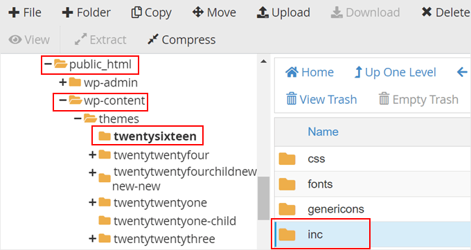 Opening the inc folder inside a WordPress theme using a file manager Opening the inc folder inside a WordPress theme using a file manager