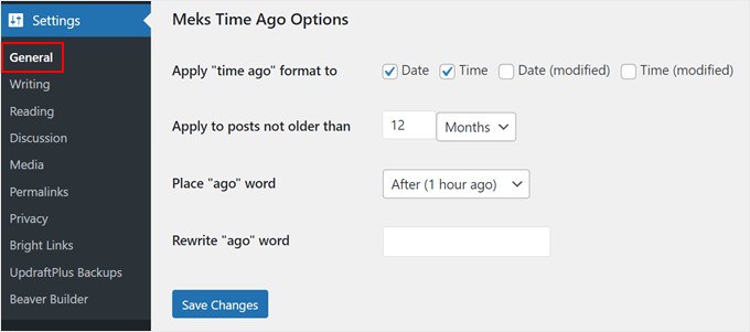 The Meks Time Ago plugin settings The Meks Time Ago plugin settings