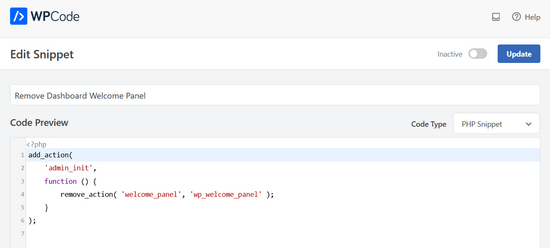 WPCode's Remove Dashboard Welcome Panel snippet WPCode's Remove Dashboard Welcome Panel snippet