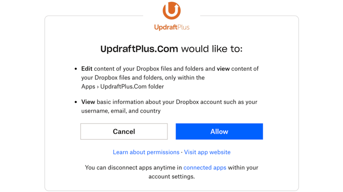 Allow UpdraftPlus to access Dropbox Allow UpdraftPlus to access Dropbox