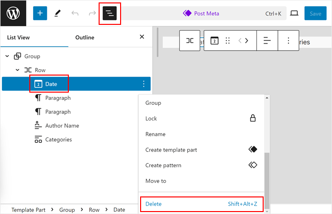 Selecting the Date block in the Post Meta template part Selecting the Date block in the Post Meta template part