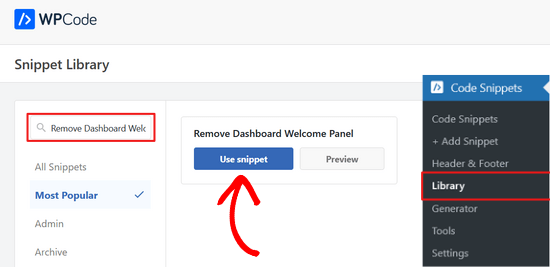 Search for the Remove Dashboard Welcome Panel snippet in WPCode library Search for the Remove Dashboard Welcome Panel snippet in WPCode library