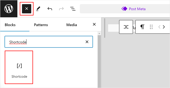 Adding a shortcode block in the full site editor Adding a shortcode block in the full site editor