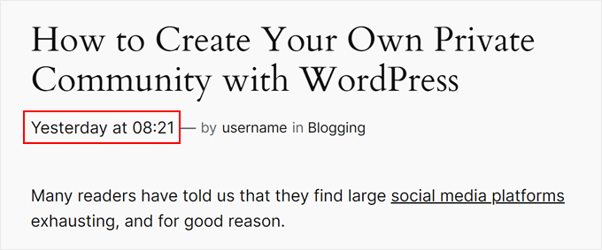 Example of a relative date made with the WPCode custom code on a block theme Example of a relative date made with the WPCode custom code on a block theme