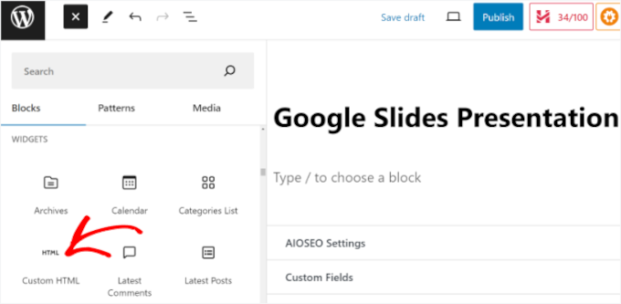 Aggiungi un blocco HTML personalizzato