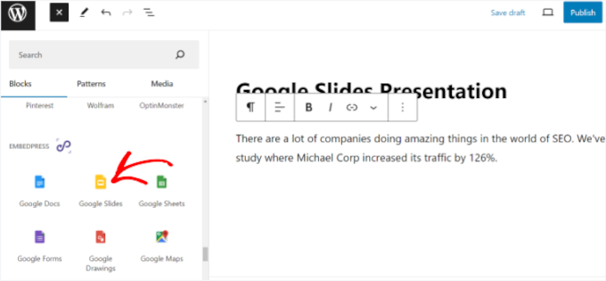 Aggiungi il blocco Google Slides di EmbedPress