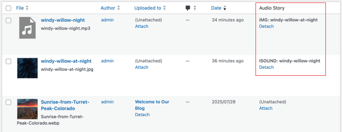 Confirmare afișând fișierul audio atașat la imagine