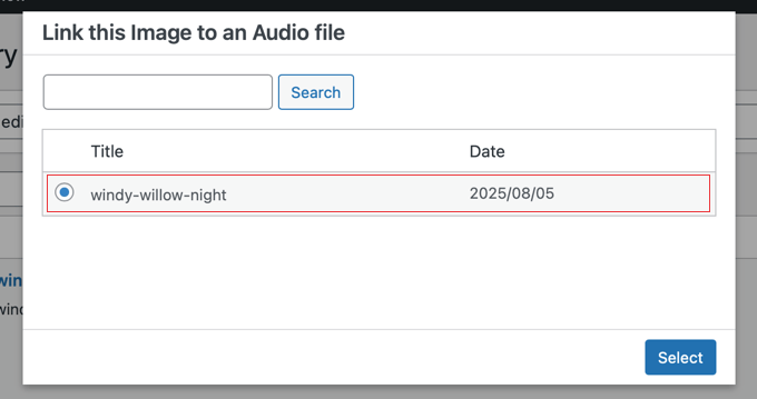 Selectarea fișierului audio din fereastra pop-up a bibliotecii media