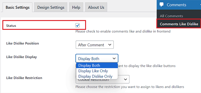 Check the Status box to enable the like dislike feature Check the Status box to enable the like dislike feature
