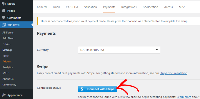Payment settings Click the connect with Stripe button