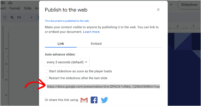 Copia il link condivisibile delle diapositive
